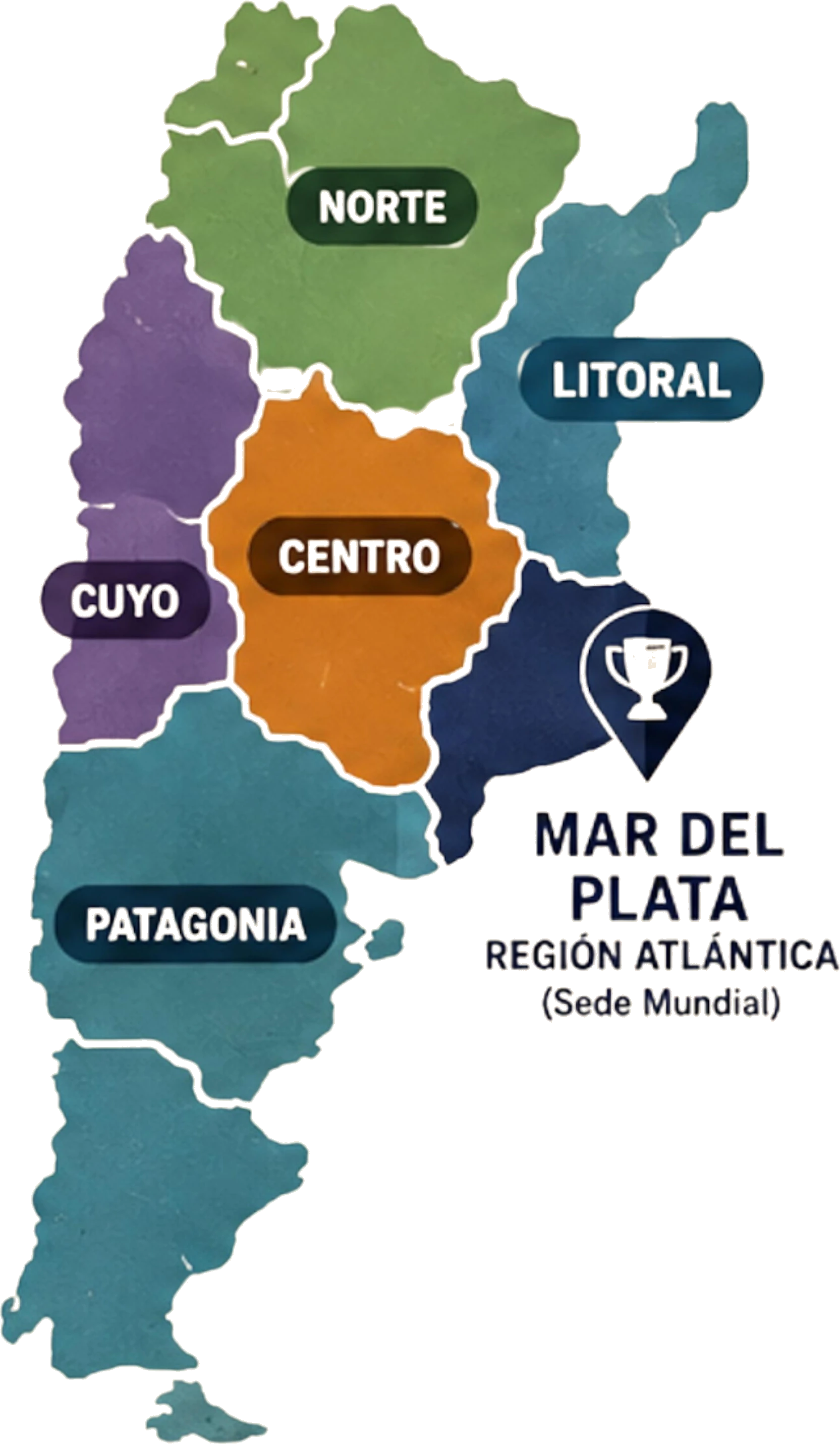 Mapa de las seis regiones del Campeonato Mundial del Dulce de Leche, con Mar del Plata como sede