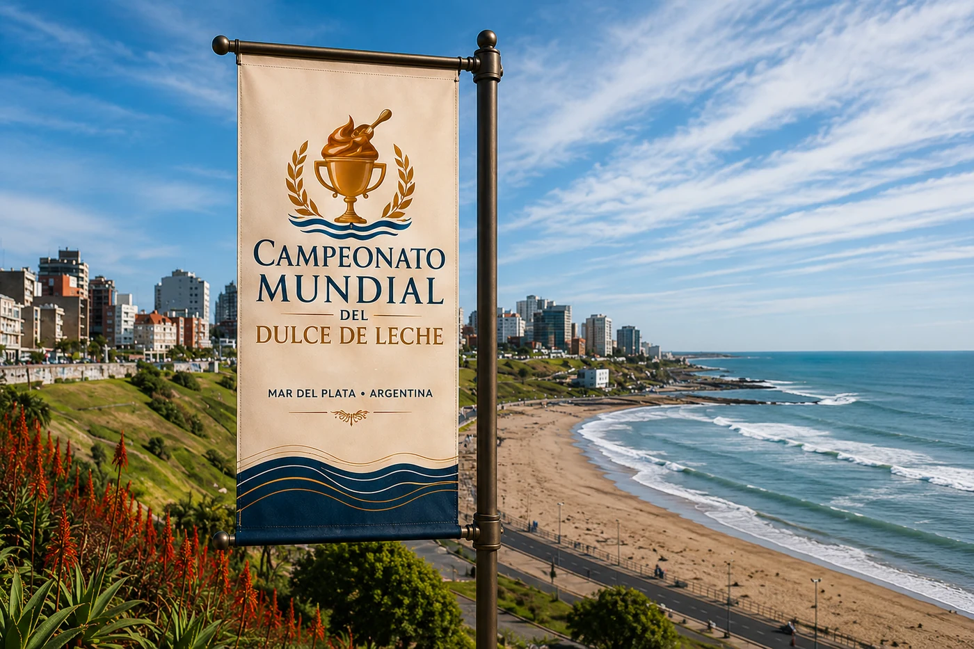 Señalética del Campeonato Mundial del Dulce de Leche sobre la Bahía de Mar del Plata